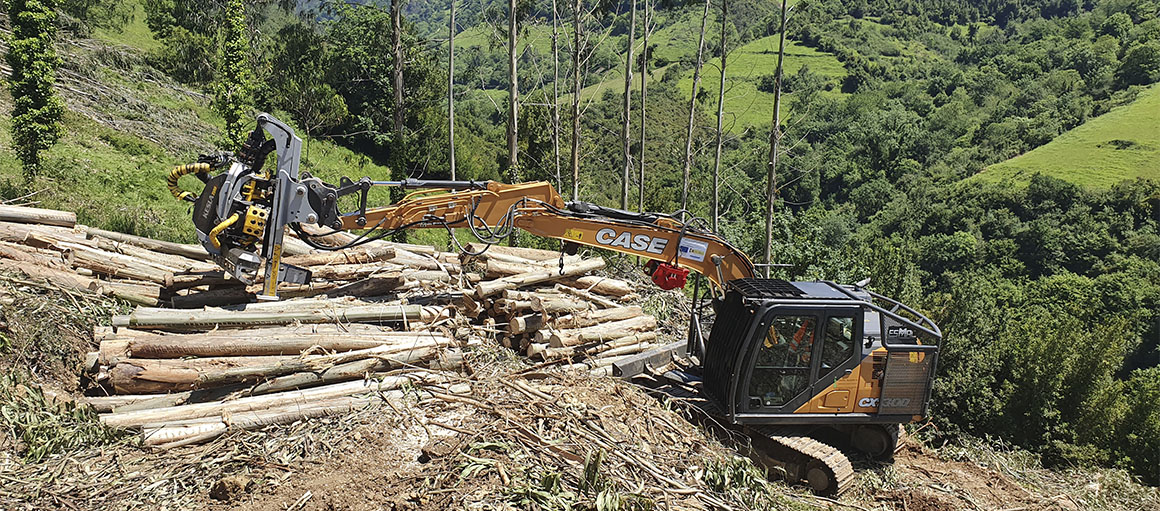 máquina recogiendo árboles talados 